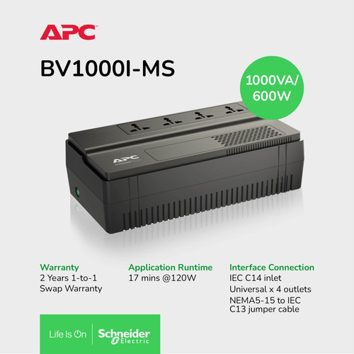 UPS APC BV1000I-MS 600 Watts 1000VA, AVR, Universal Outlet