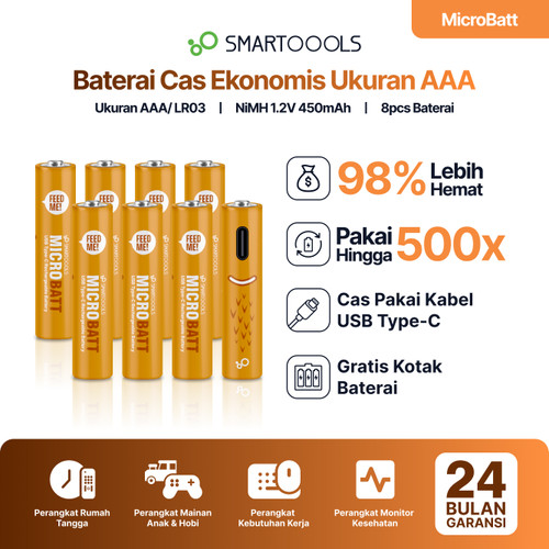 Baterai Cas Isi Ulang 8pcs Smartoools MicroBatt AAA 1.2V Micro USB