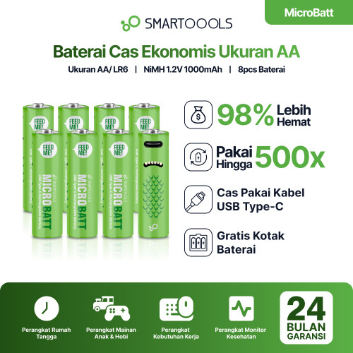 Baterai Cas Isi Ulang 8pcs Smartoools MicroBatt AA 1.2V Micro USB