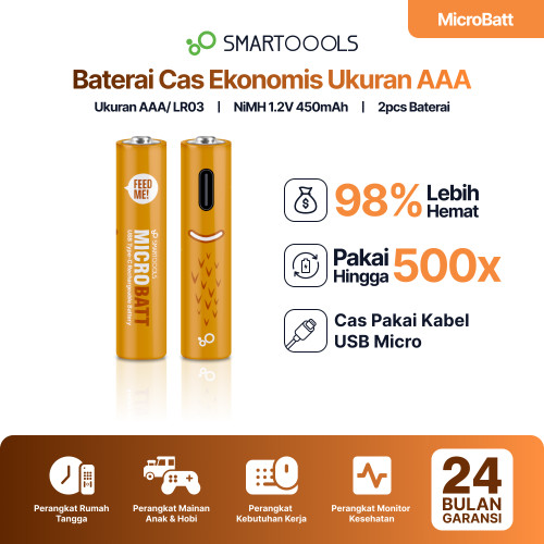 Baterai Cas Isi Ulang 2pcs Smartoools MicroBatt AAA 1.2V Micro USB