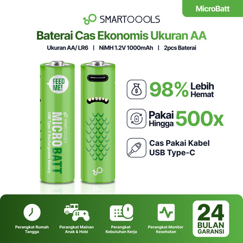 Baterai Cas Isi Ulang 2pcs Smartoools MicroBatt AA 1.2V Micro USB