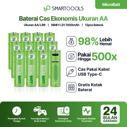 Baterai Cas Isi Ulang 12pcs Smartoools MicroBatt AA 1.2V Micro USB